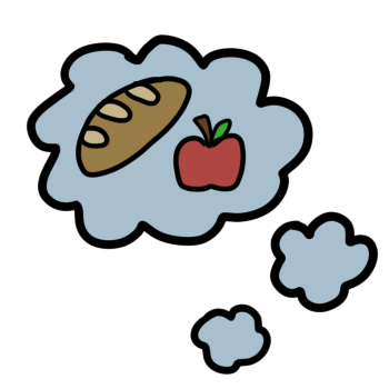 A thought bubble with a loaf of bread and an apple in it.